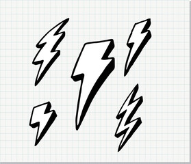 Lightning flat icons set.Vector retro set with lightning bolt signs with sunburst effect.Vintage thunder symbol with sunburst in grunge background