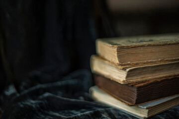 endpaper of vintage books, collection of old antique ancient books on black background, vintage books on black velvet fabric as background, velvet background, copy space © Olga Mykovych
