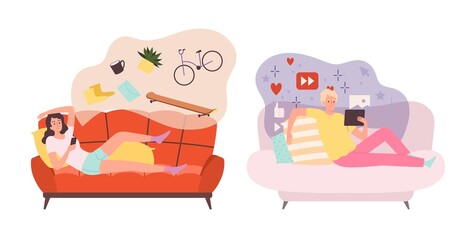 Boy girl use smartphones. Online shopping, social media surfing. People with phones, mobile marketing and addiction vector characters. Illustration people with smartphone communication and spend time