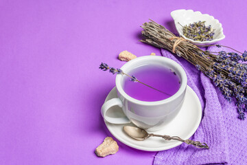 Lavender hot tea on pastel lilac background