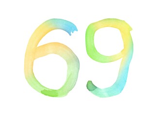 Watercolor numbers, hand-drawn by brush. Multicolor vintage symbol. Template for greetings, design, postcards, decoration.