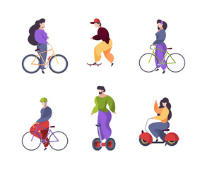 Obraz premium Riding people. Urban transport car scooter electric segway motorbike longboard skate garish vector flat characters riders isolated on white background. Illustration urban electric transport