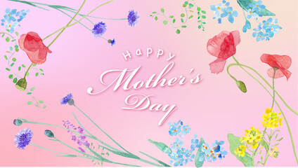 母の日バナー。春の野原のお花のフレームデザイン。水彩イラストのトレースベクター。レイアウト変更可能。