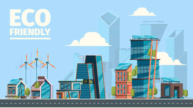 Eco city. Background with eco friendly constructions houses with smart sun panels energy windmills future concept garish vector illustrations flat. Eco friendly and engineering renewable