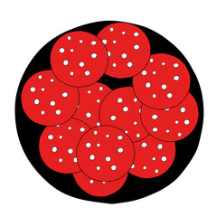 Hand-drawn outline flat vector illustration of a group of red sausage slices on the black pan isolated on a white background for breakfast