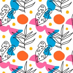 Seamless vector pattern with shape,tropical leaves trendy color.Abstract print with bright hand drawn shapes on white isolated background.Design for textiles,wallpaper,fabric,wrapping paper.