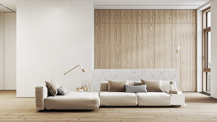 Modern, white minimalist interior with kitchen, sofa, wood floor, wall panels and marble kitchen island. 3d render illustration mock up. © YKvisual