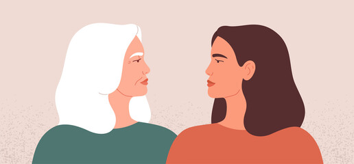Two strong women look at each other. Side view of mature mother and her young daughter stand together. Females friendship or disagreement concept. Vector illustration.