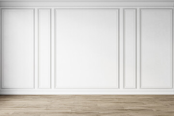 Classic white empty interior with wall panels, moldings and wooden floor. 3d render illustration mock up.