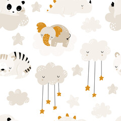 Seamless childrens hand-drawn pattern with cute sleeping animals, elephant, tiger, panda. Creative kids texture for fabric, wrapping, textile, wallpaper, apparel. Vector illustration. Good night.