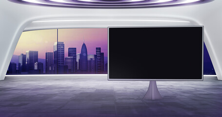 Futuristic Virtual set backdrop with screen. Ideal for tv shows, presentations or events. A 3D rendering, suitable on VR tracking system sets, with green screen
