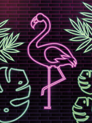 Neon silhouette of pink flamingo with green leaves on a dark background. Glowing neon sign. Illustration