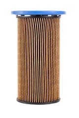 Dirty spent fuel car filter on white background, isolate. Concept of high quality car fuel, fuel cleaning, close-up