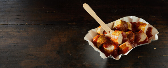 Tasty currywurst in disposable container on table