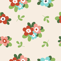 Seamless pattern with cute spring flowers and leaves. Decor for gift wrapping, spring holidays and greetings. Illustration in simple flat hand style