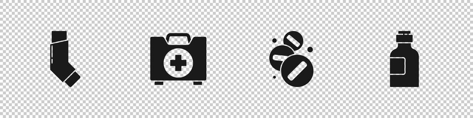 Set Inhaler, First aid kit, Medicine pill or tablet and Bottle of medicine syrup icon. Vector.
