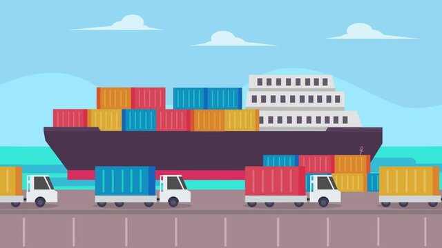 Colorful delivery trucks moving at industrial port