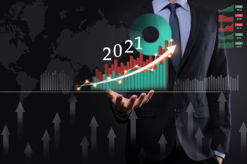 Plan business positive growth in year 2021 concept. Businessman plan and increase of positive indicators in his business, Growing up business concepts.