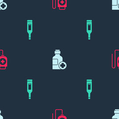 Set IV bag, Bottle of medicine syrup and Medical digital thermometer on seamless pattern. Vector.