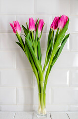 Bouquet of pink tulips on white background
