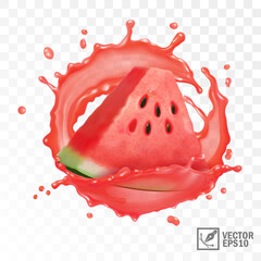 3d realistic transparent isolated vector, slice of watermelon in a splash of juice