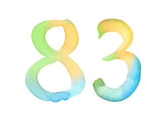 Watercolor numbers, hand-drawn by brush. Multicolor vintage symbol. Template for greetings, design, postcards, decoration.