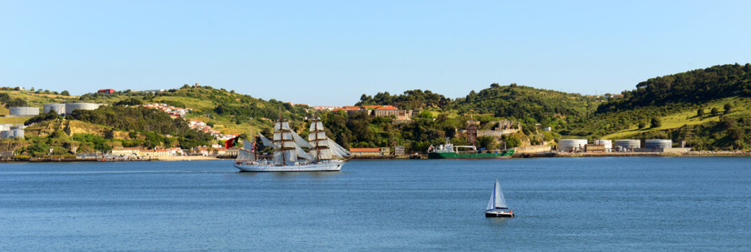 Antique Ship on Tejo (Tagus) River in Belem district in city of Lisbon, Portugal.