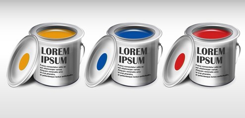 Opened paint cans of different colors and lids. Vector illustration.