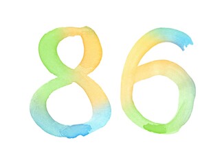 Watercolor numbers, hand-drawn by brush. Multicolor vintage symbol. Template for greetings, design, postcards, decoration.