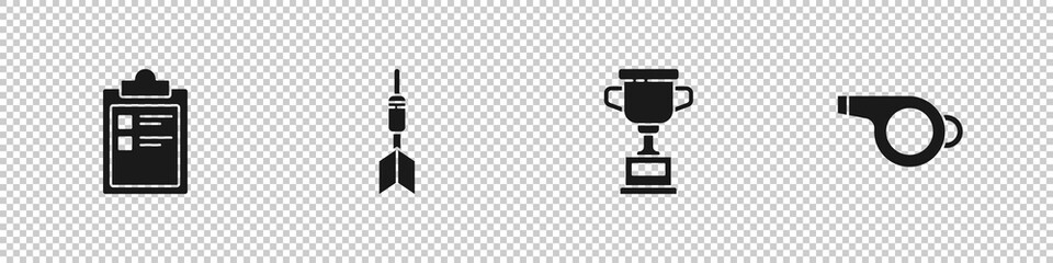 Set Sport training program, Dart arrow, Award cup and Whistle icon. Vector.