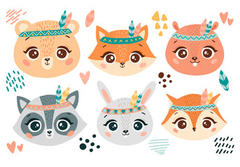 Doodle style flat vector boho animals heads set. Boho forest animals faces. Bear, fox, beaver, racoon, rabbit, owl.