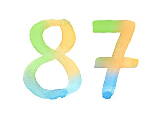Watercolor numbers, hand-drawn by brush. Multicolor vintage symbol. Template for greetings, design, postcards, decoration.