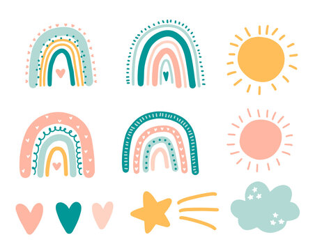 Doodle style flat vector boho rainbow set