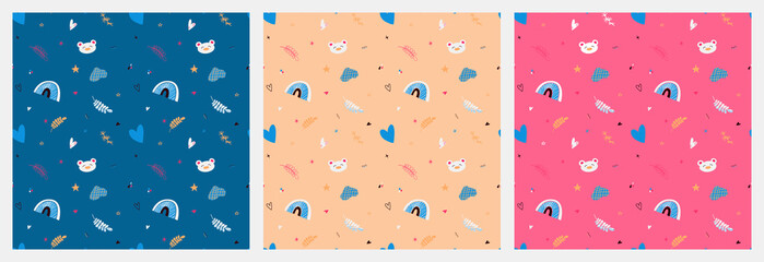 Set of Vector seamless pattern with cute bears, rainbows, hearts, stars and other abstract elements on a colored background, children's pattern for pajamas, fabrics, packaging