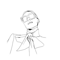 Sketch of fashionable girl in sunglasses. Neckerchief. Line art