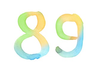 Watercolor numbers, hand-drawn by brush. Multicolor vintage symbol. Template for greetings, design, postcards, decoration.