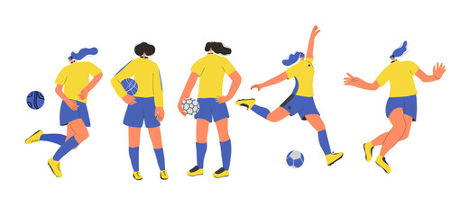 Fototapeta na wymiar Female soccers flat player. Woman vector athlete