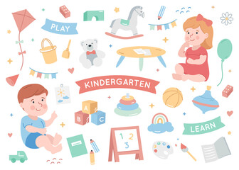 Kindergarten elements set with cute girl and boy.