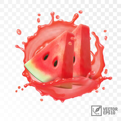 3d realistic transparent isolated vector, slice of watermelon in a splash of juice with drops