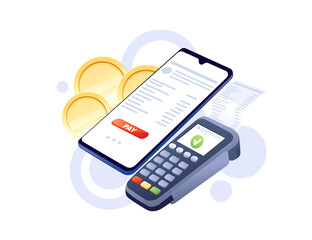 POS Terminal with smartphone app and coins wireless payment purchases in store processing payments e-commerce vector illustration on white background