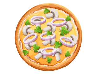 Tasty pizza with mushrooms herbs onions and cheese Italian fast food meal vector illustration isolated on white background
