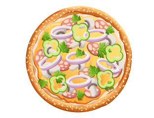 Tasty pizza with salami herbs mushrooms and cheese Italian fast food meal vector illustration isolated on white background