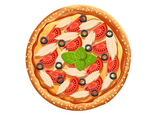 Tasty pizza with tomato olive and cheese Italian fast food meal vector illustration isolated on white background