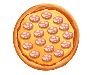 Tasty pizza with salami and cheese Italian fast food meal vector illustration isolated on white background