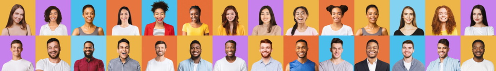 Cheerful Multiracial Millennials Portraits Of Young People Over Bright Backgrounds