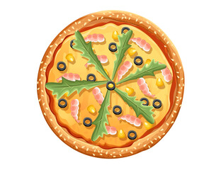 Tasty pizza with shrimp olives lettuce and cheese Italian fast food meal vector illustration isolated on white background