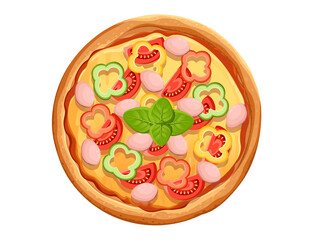 Tasty pizza with meat peppers tomatoes and cheese Italian fast food meal vector illustration isolated on white background