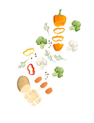 Sliced vegetables with pepper potato and carrot colored food icons for cooking vector illustration isolated on white background