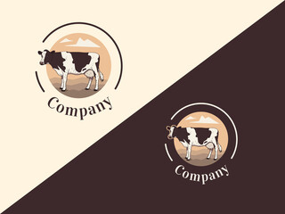 Set of logos with a cow on a landscape background