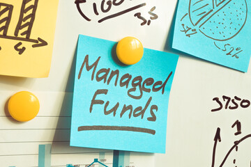 Managed funds words and financial info on the whiteboard.
